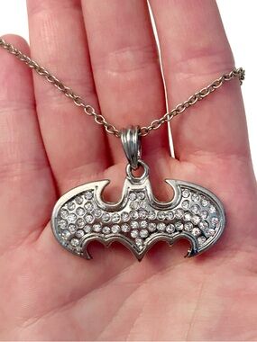 Batman Rhinestone Bat Pendant Necklace Silver Tone Marvel Batgirl Chain Sparkly